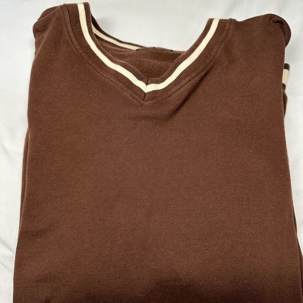 Brown V-Neck Sweater with Cream Trim